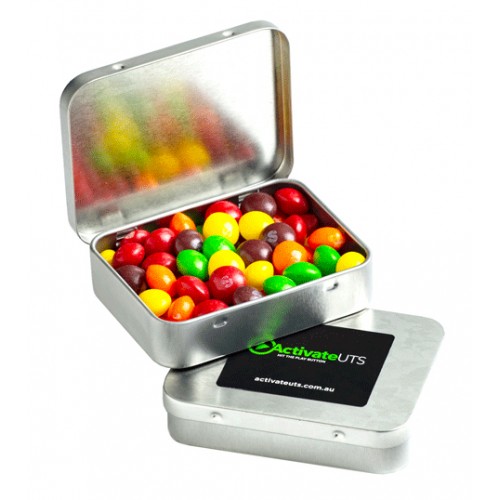 RECTANGLE HINGE TIN FILLLED WITH SKITTLES 65G